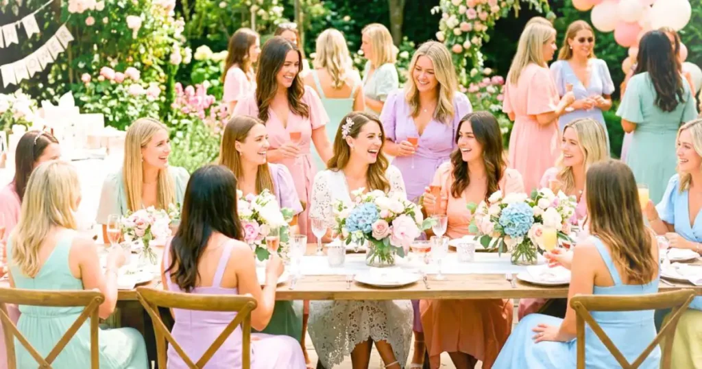 bride celebrating at outdoor garden bridal shower with bridesmaids seated around decorated table with flowers