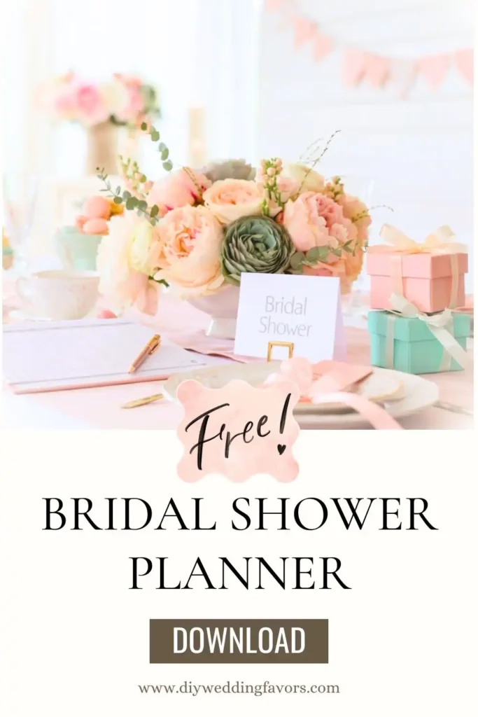 Free bridal shower planner printable with pastel floral bridal shower table decor and gift boxes