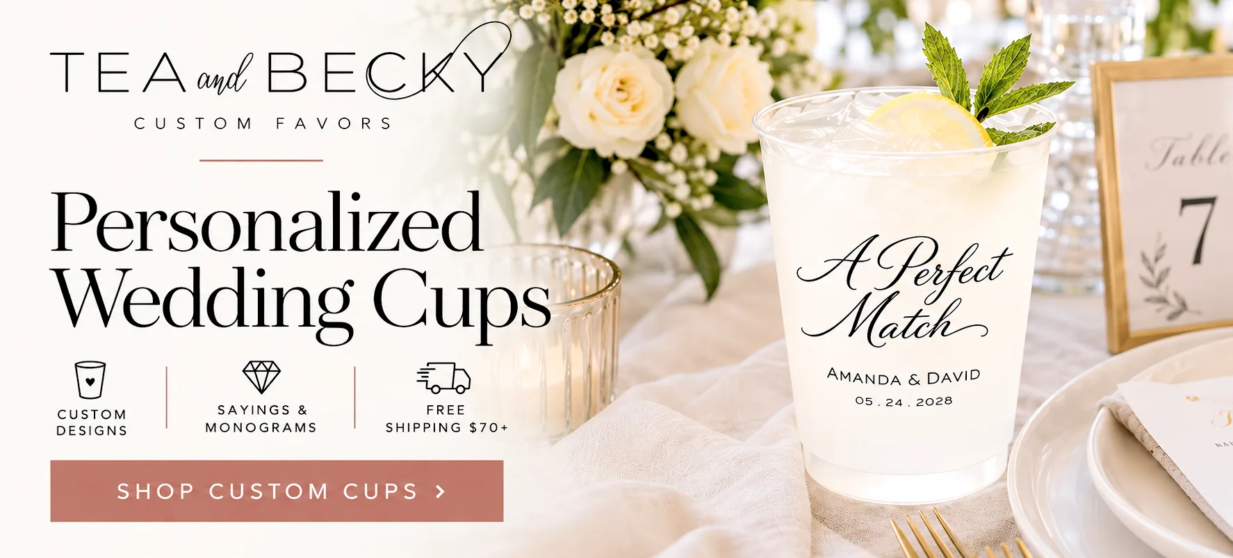 Personalized wedding cups from Tea and Becky featuring an elegant “A Perfect Match” design at a wedding reception.
