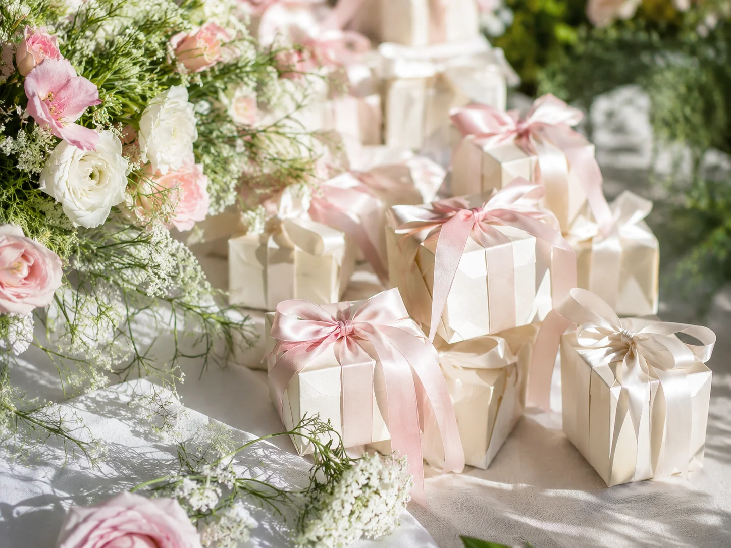 stack of pink and champagne colored wedding favor boxes with ribbon on a white table and pink and white flowers and greenery