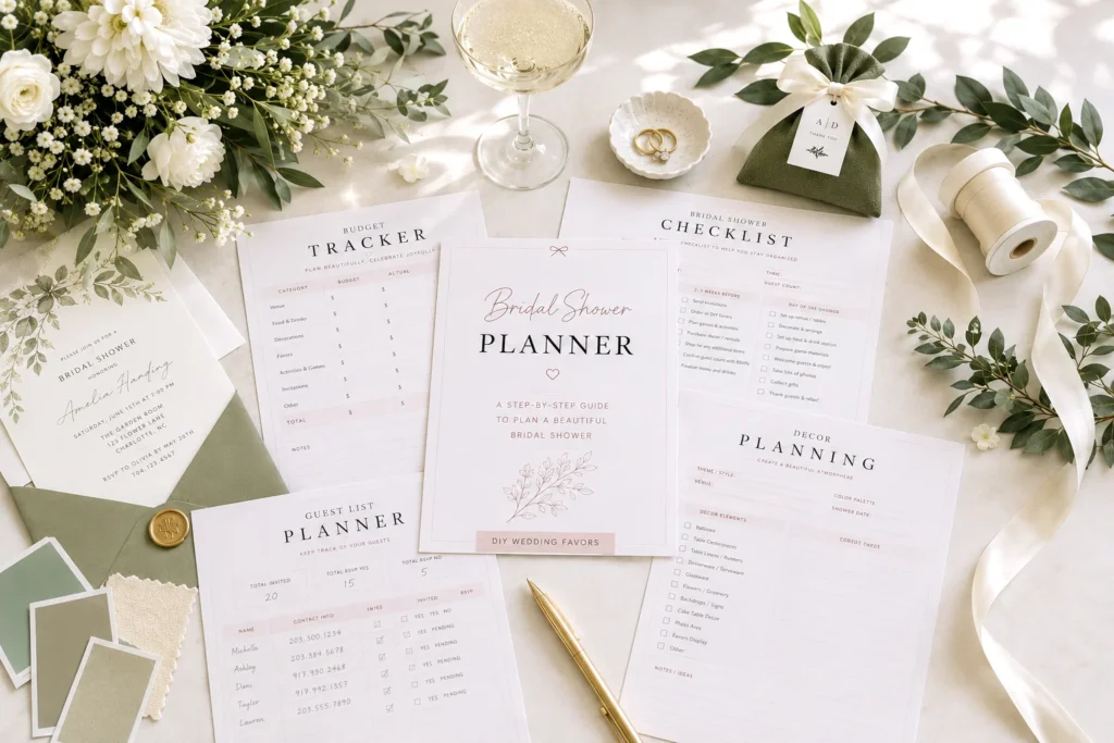 Printable bridal shower timeline and planning worksheets.