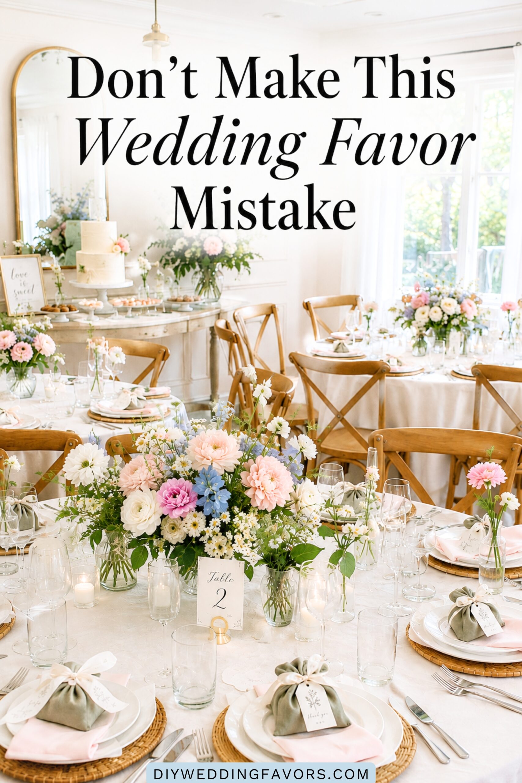 Wedding reception with floral centerpieces and favors with text “Don’t Make This Wedding Favor Mistake”