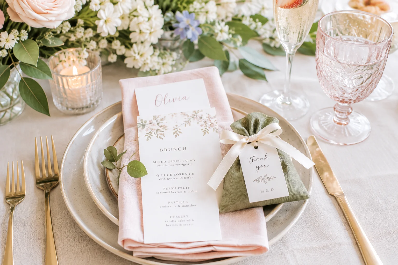 Wedding place setting with personalized green wedding favor bag, menu card, blush napkin and garden flowers