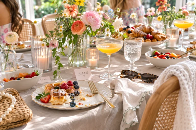 Bridal shower brunch table with flowers and waffles. Bridal shower timeline
