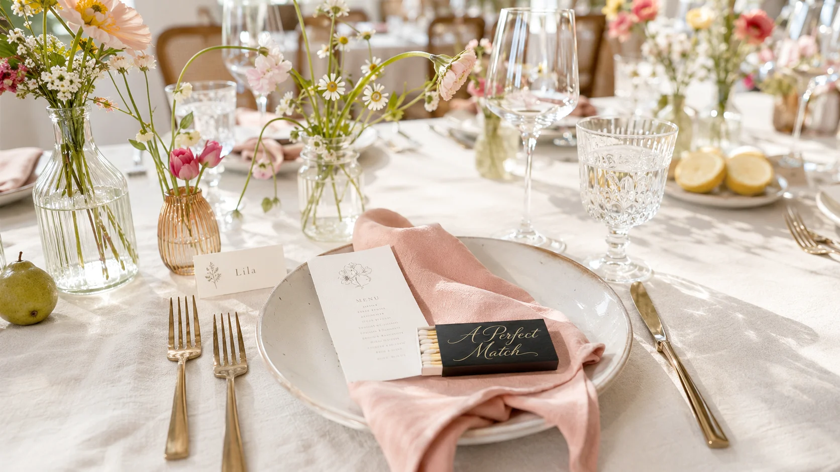 Wedding reception table with personalized matchbox wedding favor, blush napkin and garden flower centerpieces