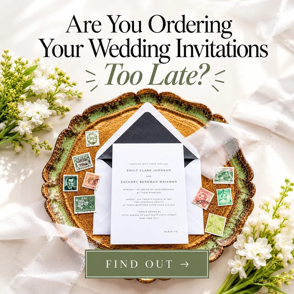Wedding invitation calculator graphic asking if you’re ordering your wedding invitations too late