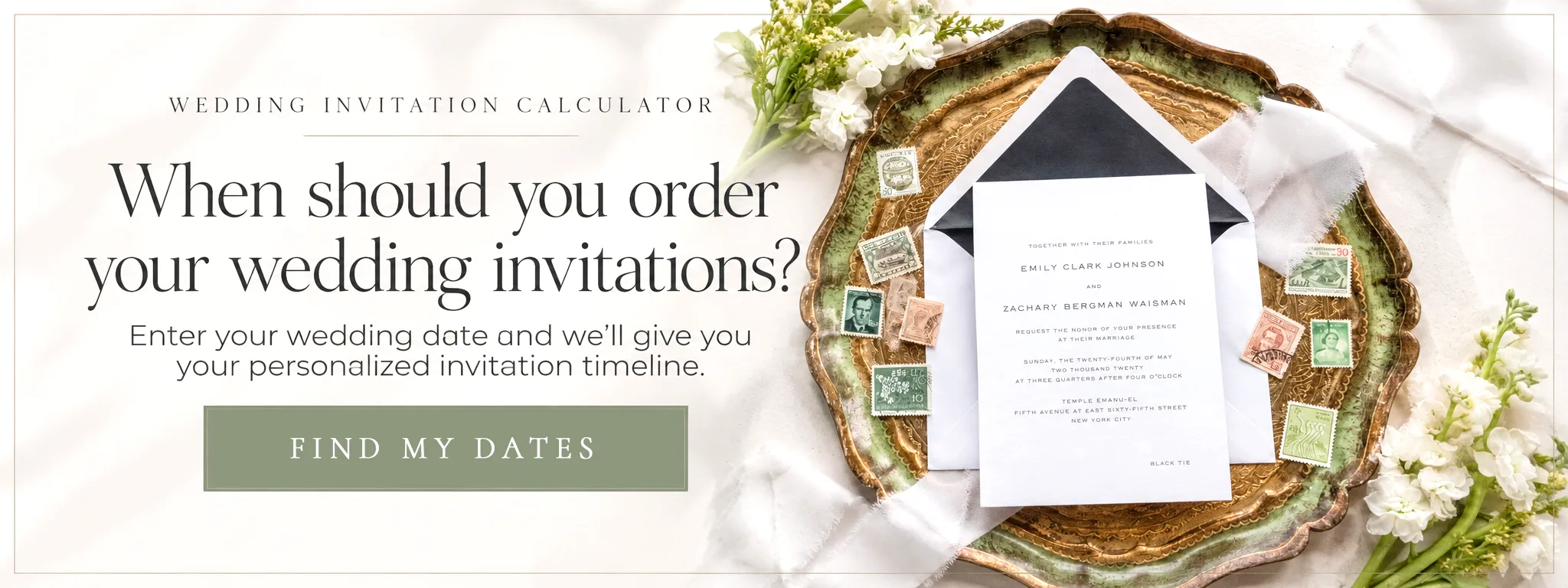 Wedding invitation calculator banner with invitation suite and text asking when to order wedding invitations
