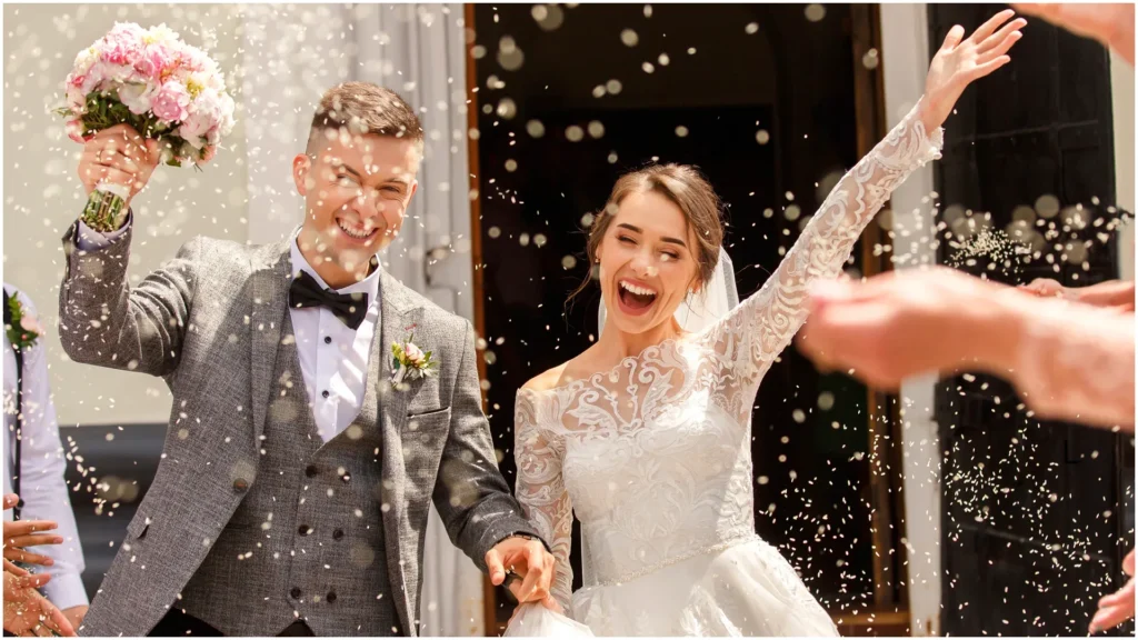 Newlywed bride and groom celebrating outside a church as guests shower them with confetti.