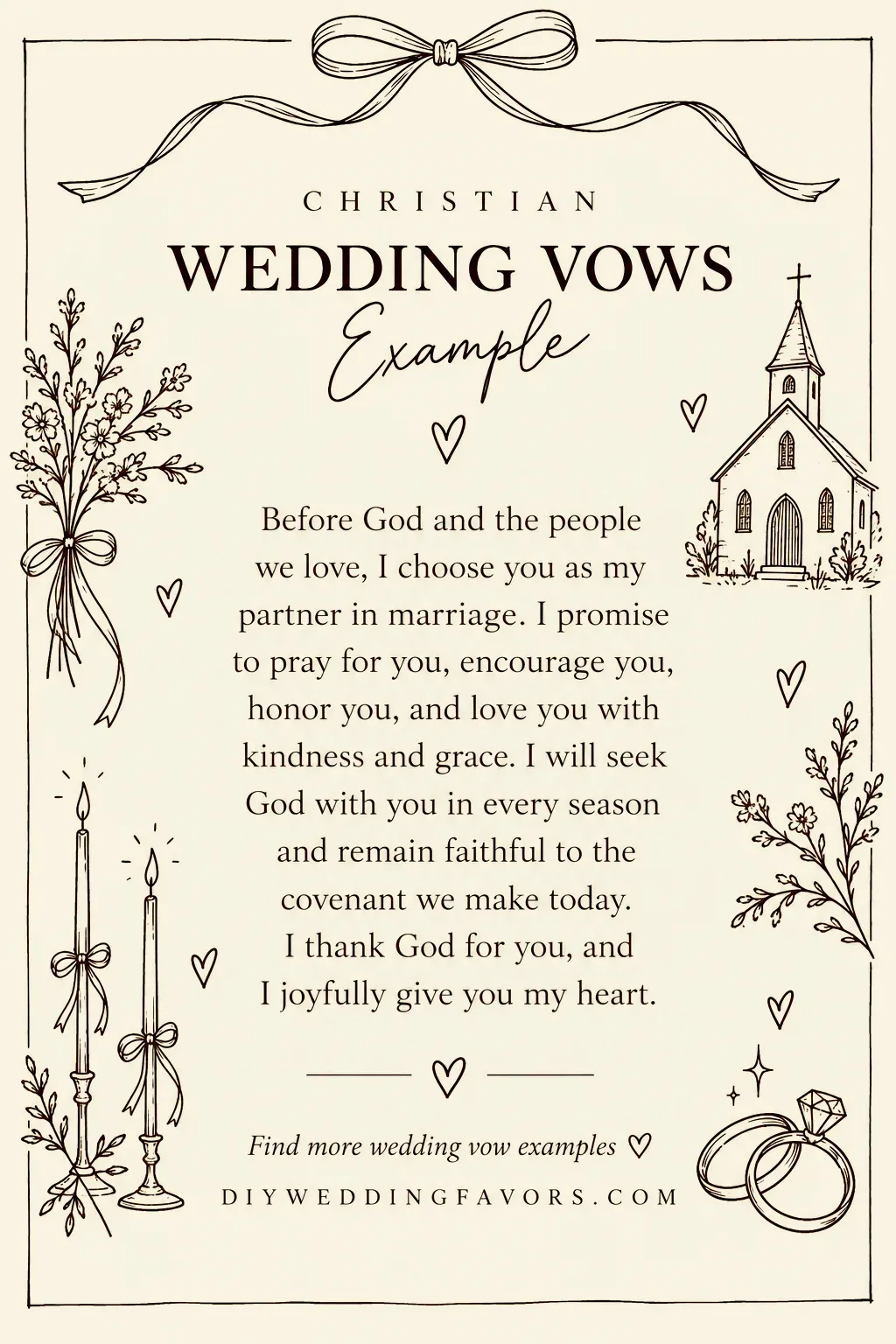 Christian wedding vows example with promises to pray, encourage, honor, love, seek God together, and remain faithful in marriage.