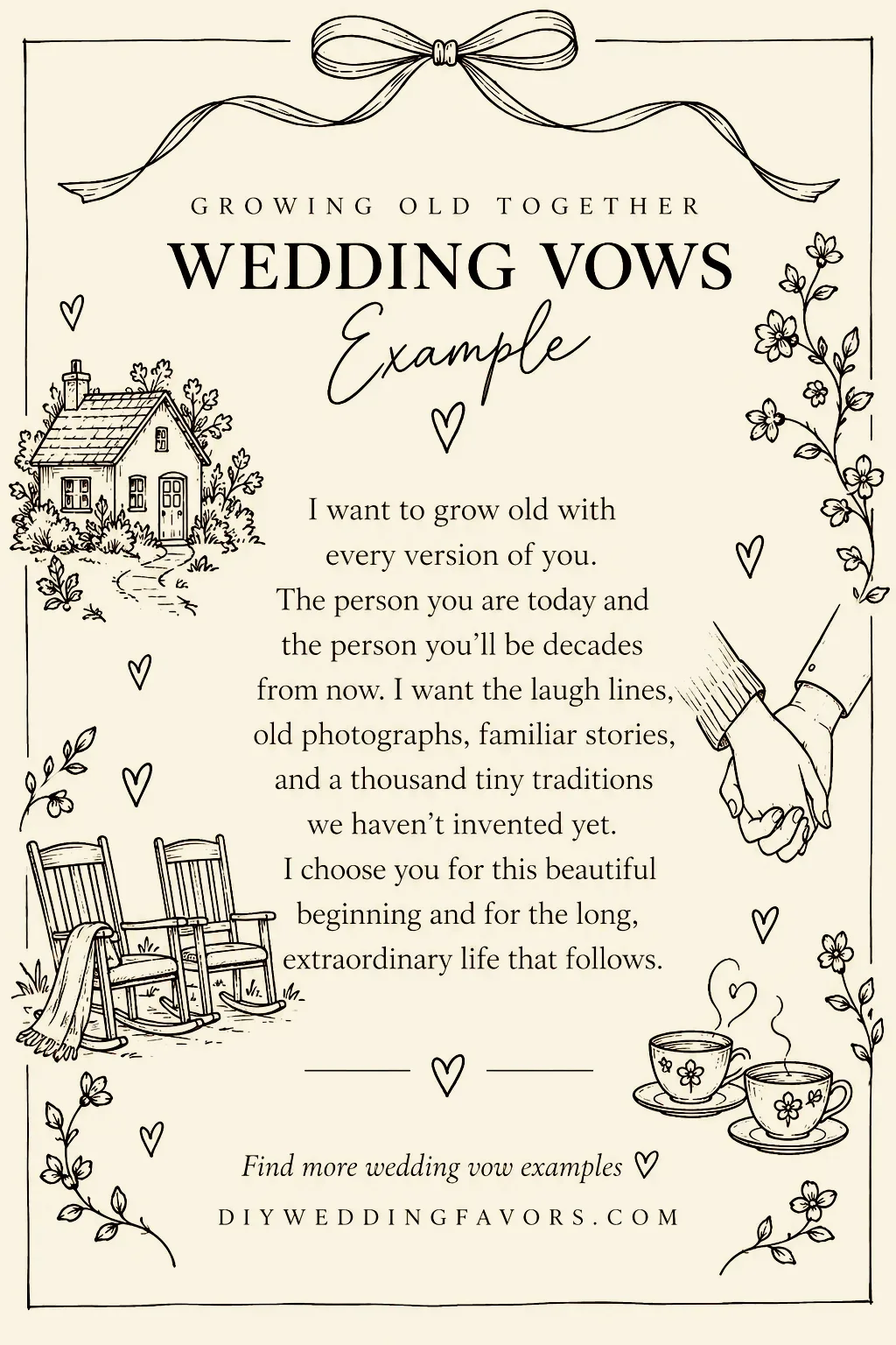Growing old together wedding vows example about choosing your partner for a lifetime of love, laughter, memories, and shared traditions.
