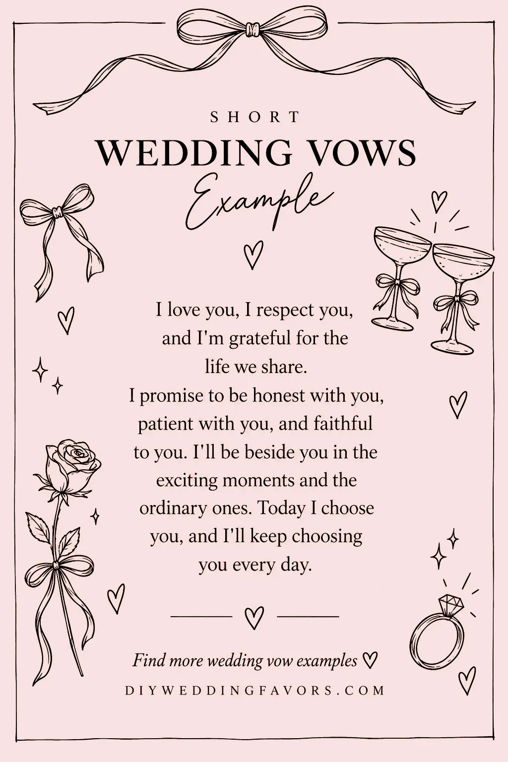 Short wedding vows example with a simple promise about love, respect, honesty, patience, and choosing your partner every day.