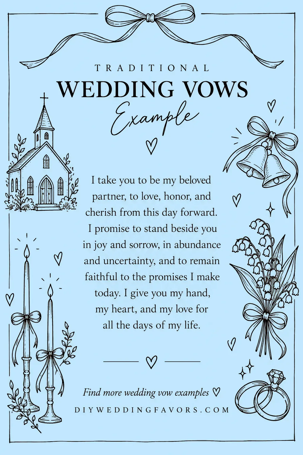 Traditional wedding vows example with promises to love, honor, cherish, and remain faithful through joy and sorrow.