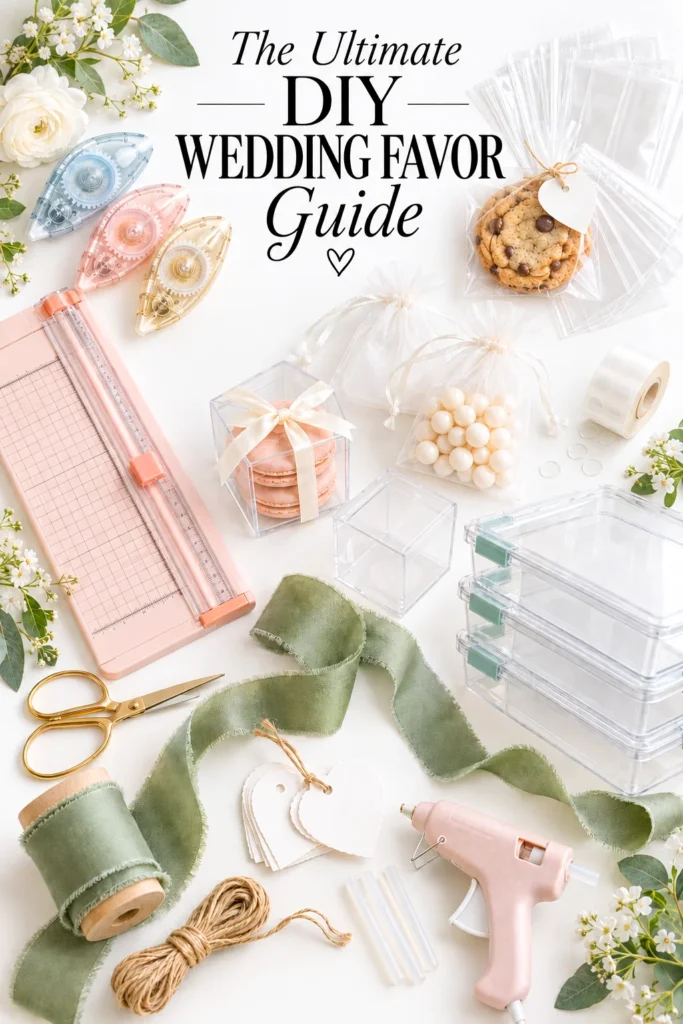 The Ultimate DIY Wedding Favor Guide with favor-making supplies, ribbon, scissors, gift boxes, cookies, candy and craft tools.