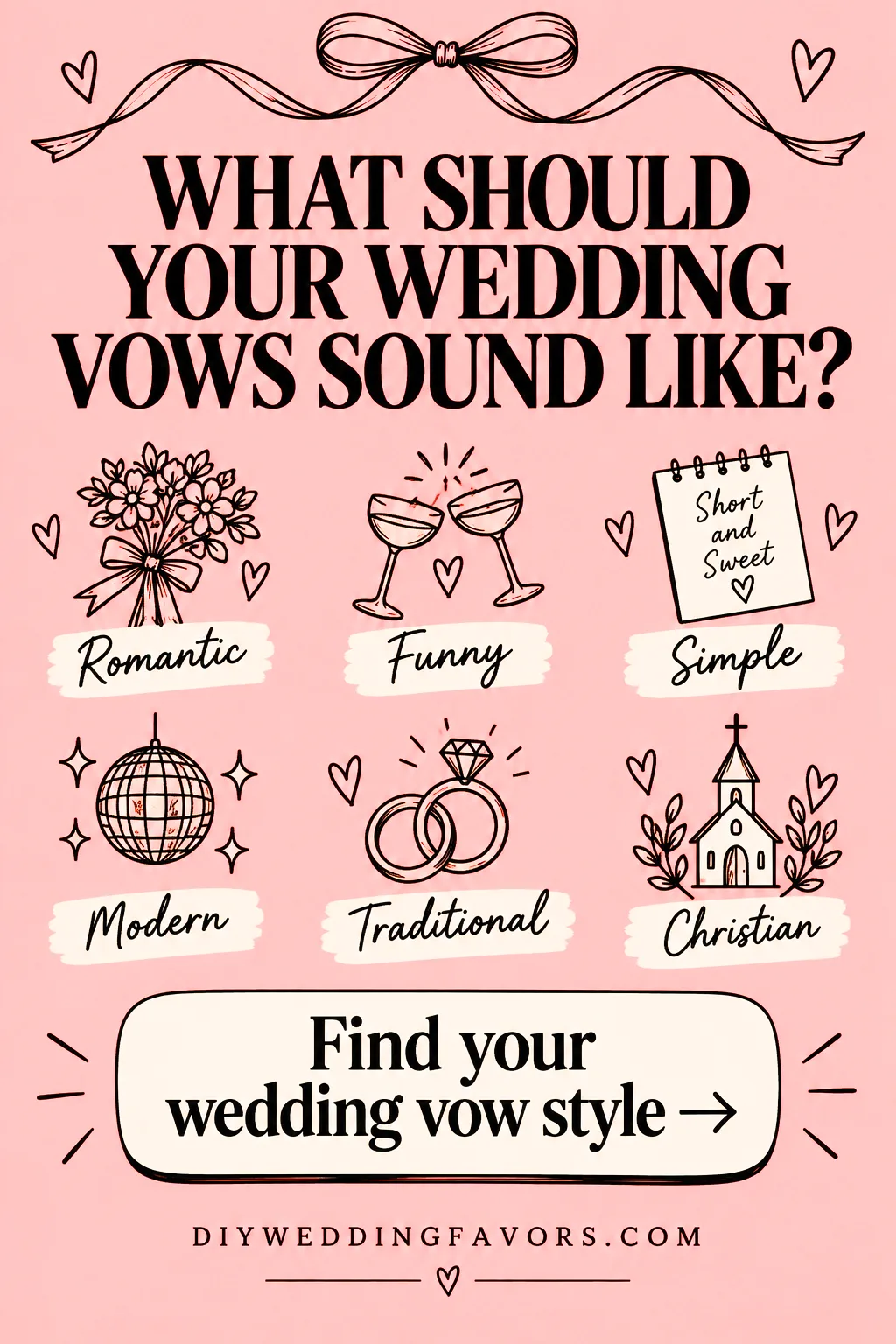 Wedding vow styles including romantic, funny, simple, modern, traditional, and Christian vows.